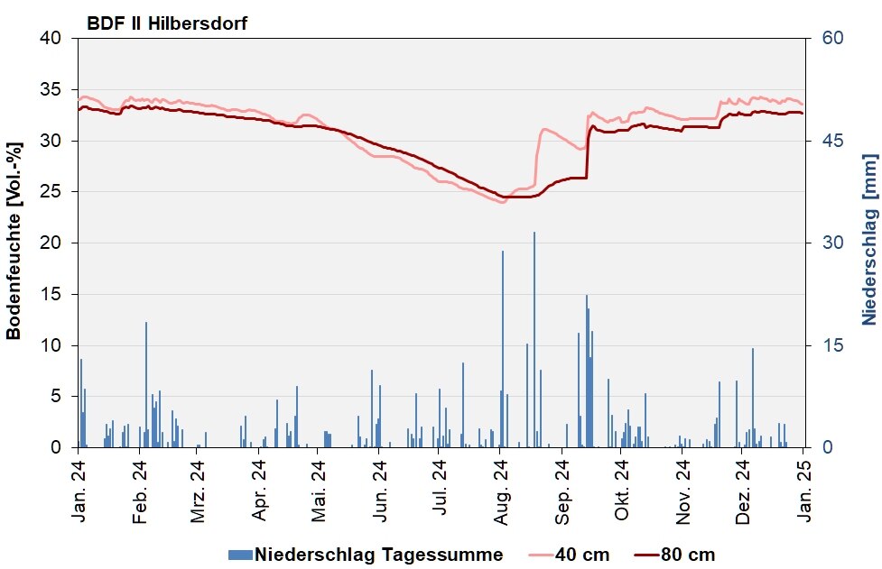 Die Abbildung zeigt den Verlauf der Bodenfeuchten und der Niederschläge als Tagessummen in den letzten 12 Monaten in Hilbersdorf