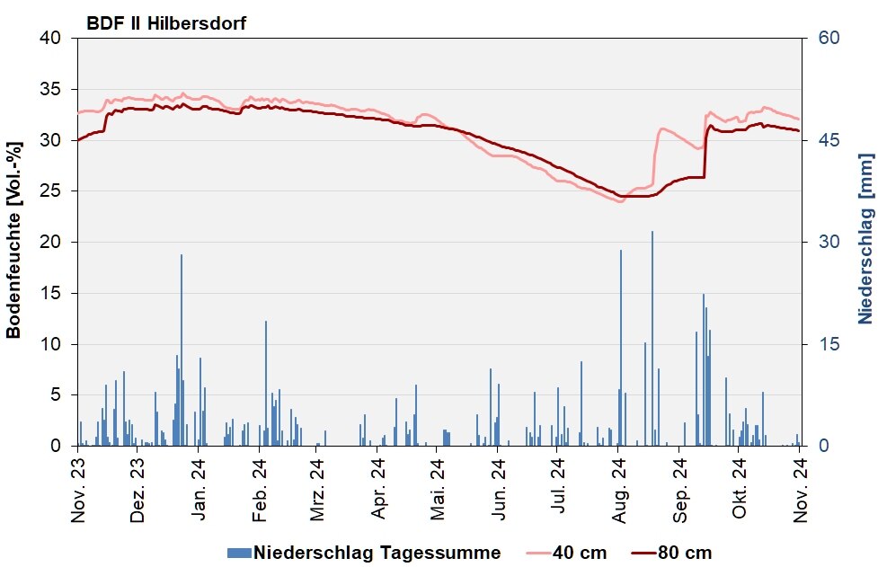 Die Abbildung zeigt den Verlauf der Bodenfeuchten und der Niederschläge als Tagessummen in den letzten 12 Monaten in Hilbersdorf