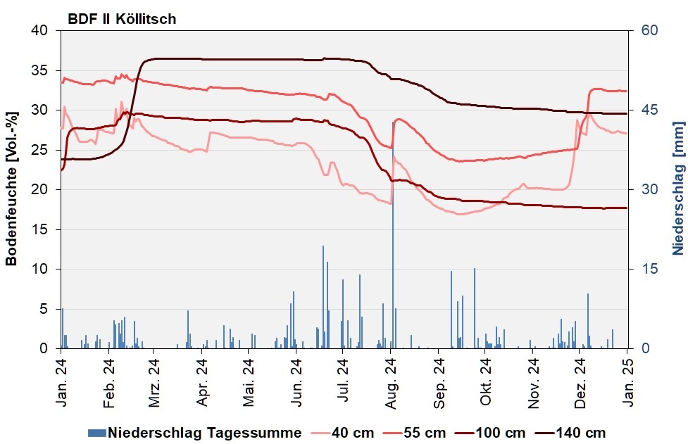 Die Abbildung zeigt den Verlauf der Bodenfeuchten und der Niederschläge als Tagessummen in den letzten 12 Monaten In Köllitsch.
