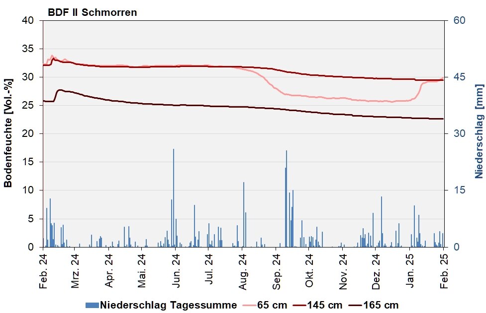 Die Abbildung zeigt den Verlauf der Bodenfeuchten und der Niederschläge als Tagessummen in den letzten 12 Monaten in Schmorren.