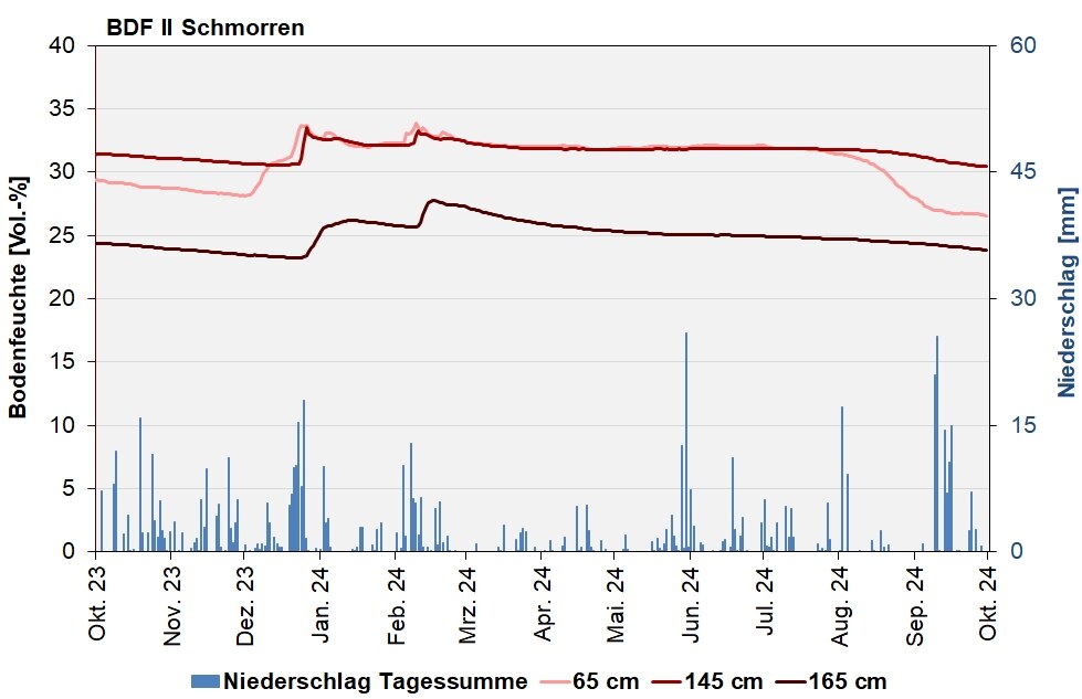 Die Abbildung zeigt den Verlauf der Bodenfeuchten und der Niederschläge als Tagessummen in den letzten 12 Monaten in Schmorren.