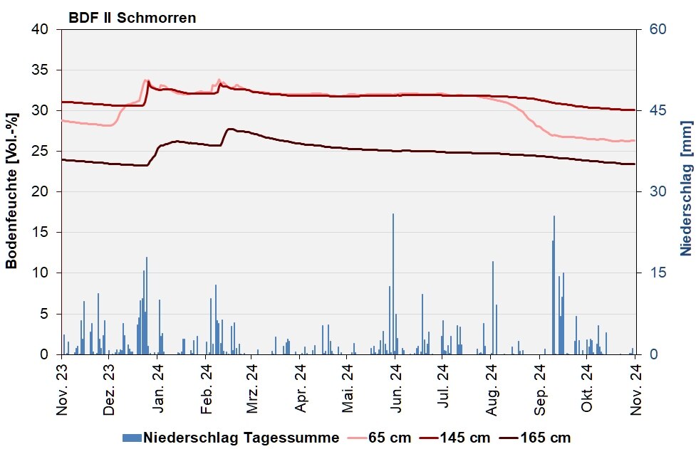 Die Abbildung zeigt den Verlauf der Bodenfeuchten und der Niederschläge als Tagessummen in den letzten 12 Monaten in Schmorren.