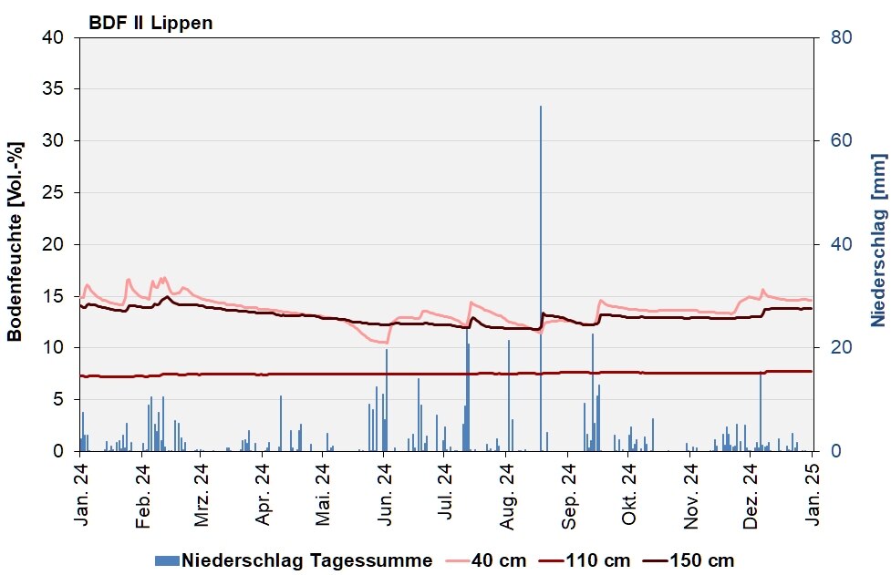 Die Abbildung zeigt den Verlauf der Bodenfeuchten und der Niederschläge als Tagessummen in den letzten 12 Monaten in Lippen.