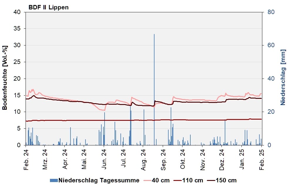 Die Abbildung zeigt den Verlauf der Bodenfeuchten und der Niederschläge als Tagessummen in den letzten 12 Monaten in Lippen.